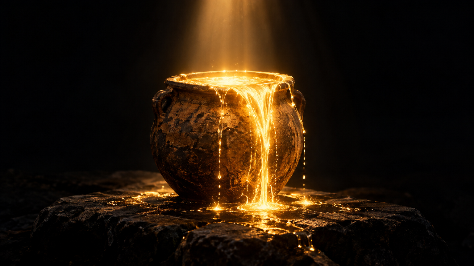 Vaso de barro transbordando água iluminada por luz dourada, contra fundo escuro.